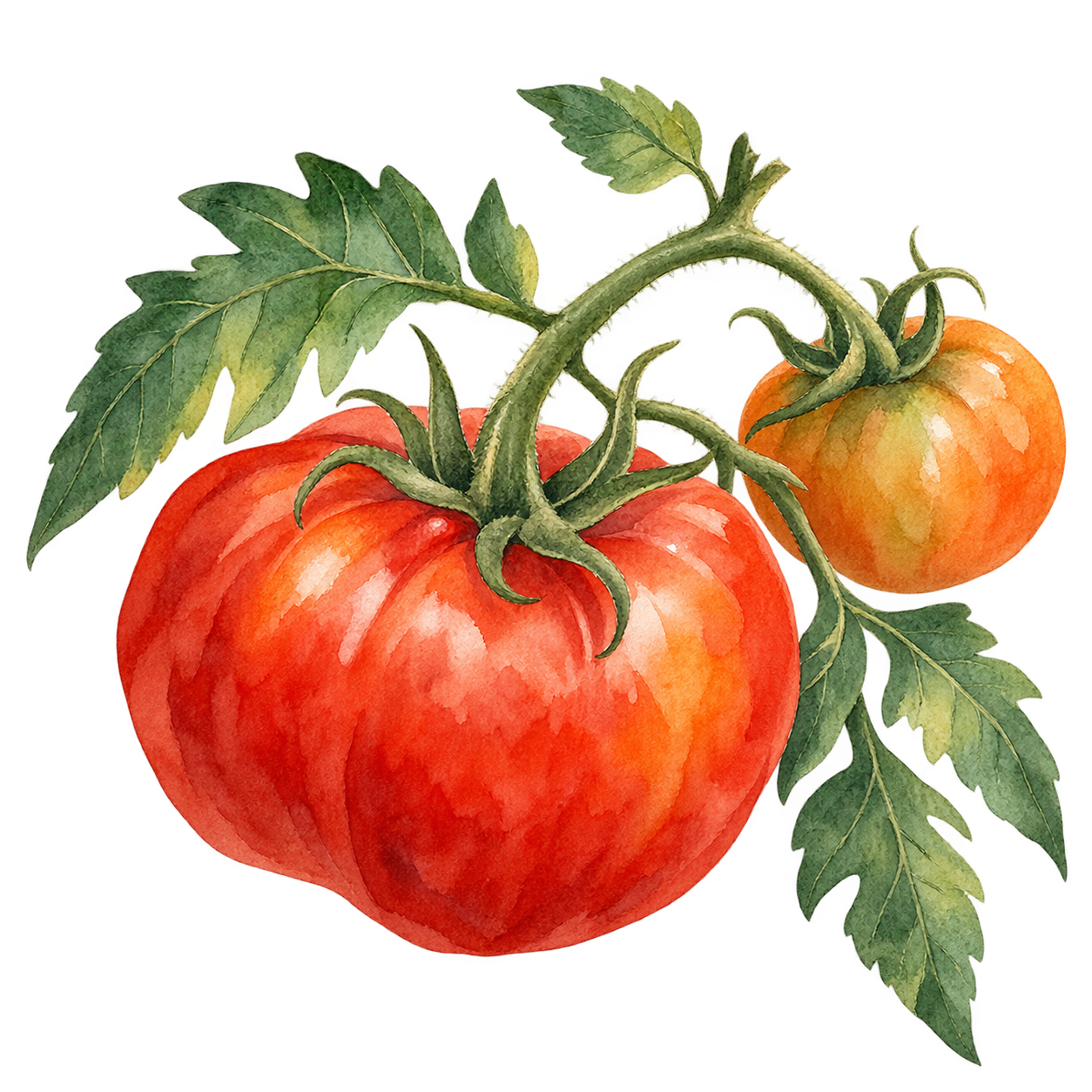 Watercolor illustration of a ripe red tomato and a smaller golden tomato on a leafy branch