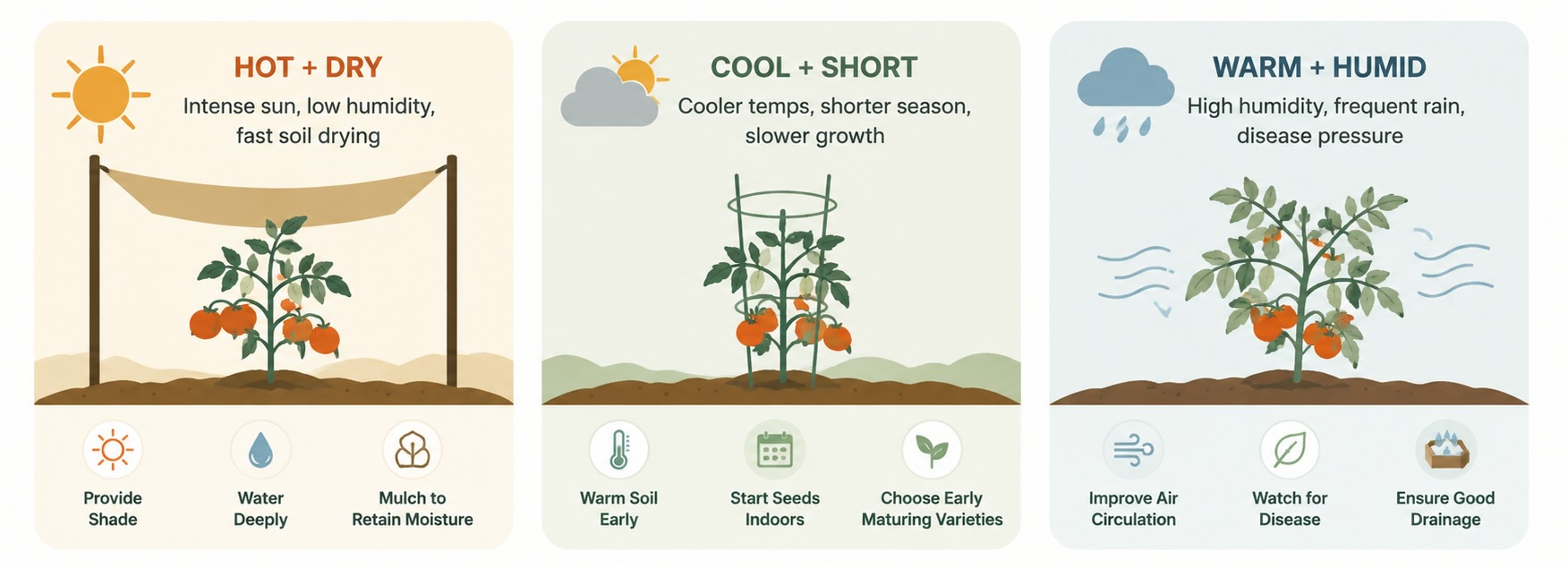 Three tomato gardens in hot and dry, cool and short, and warm and humid climates with different recommended growing approaches