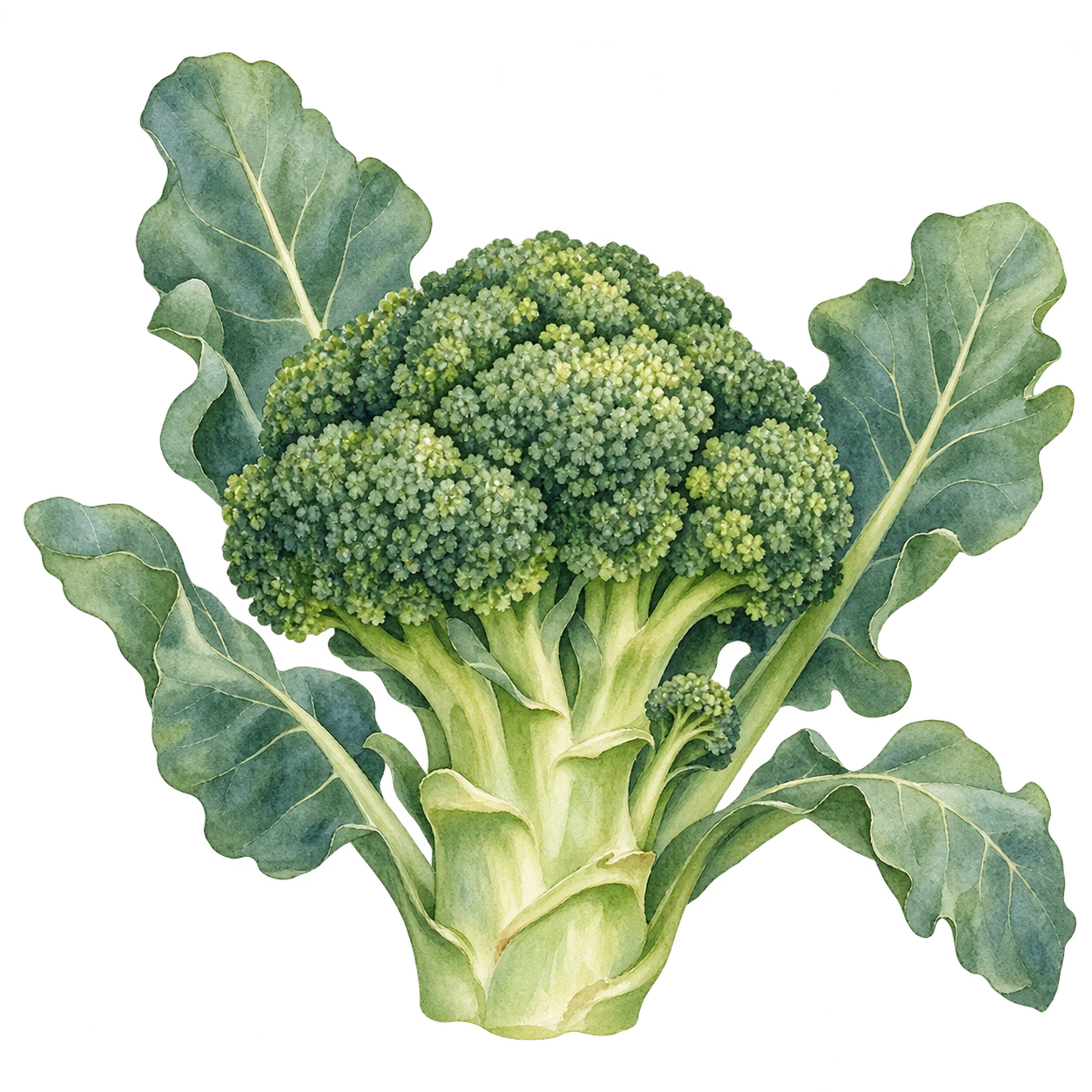 Watercolor illustration of a tight broccoli crown with broad blue-green leaves and a pale green stalk