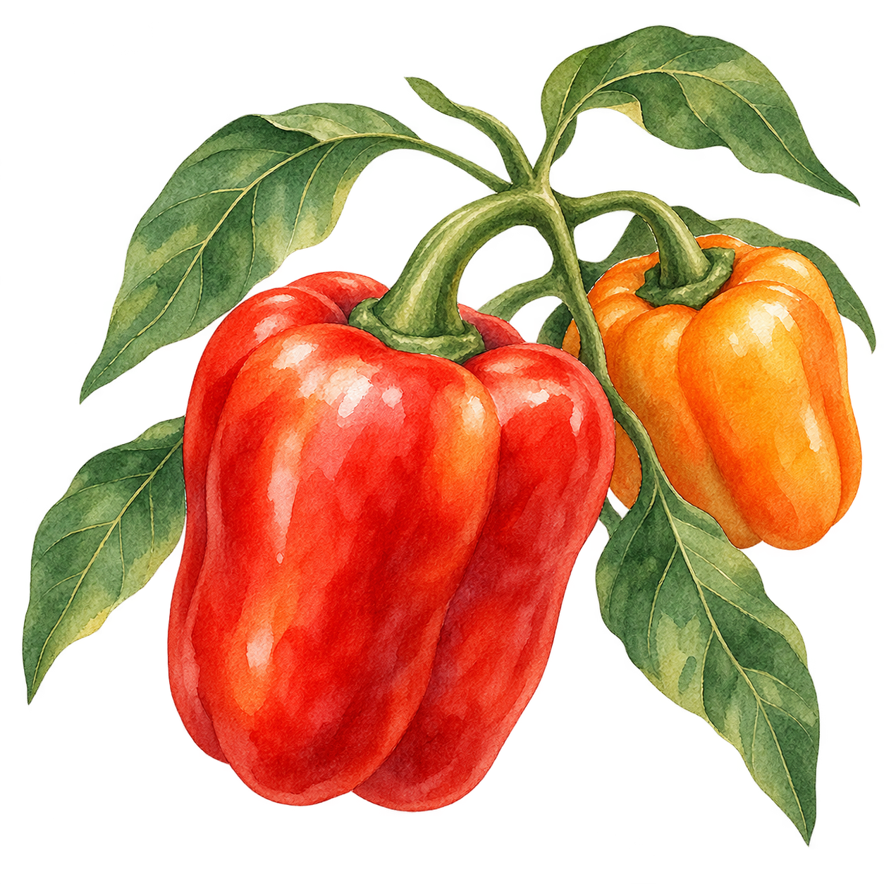 Watercolor illustration of a ripe red bell pepper and a smaller golden pepper on a leafy branch