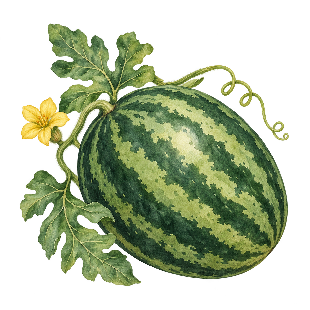 Watercolor illustration of a striped watermelon with lobed leaves, a yellow blossom, and curling vine tendrils