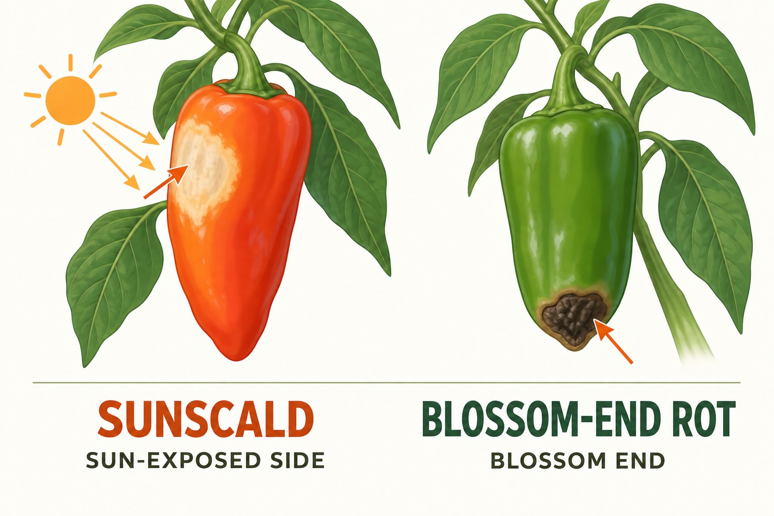 Illustrated comparison: a red pepper with a pale sunscald patch on its sun-exposed side beside a green pepper with dark blossom-end rot at its tip